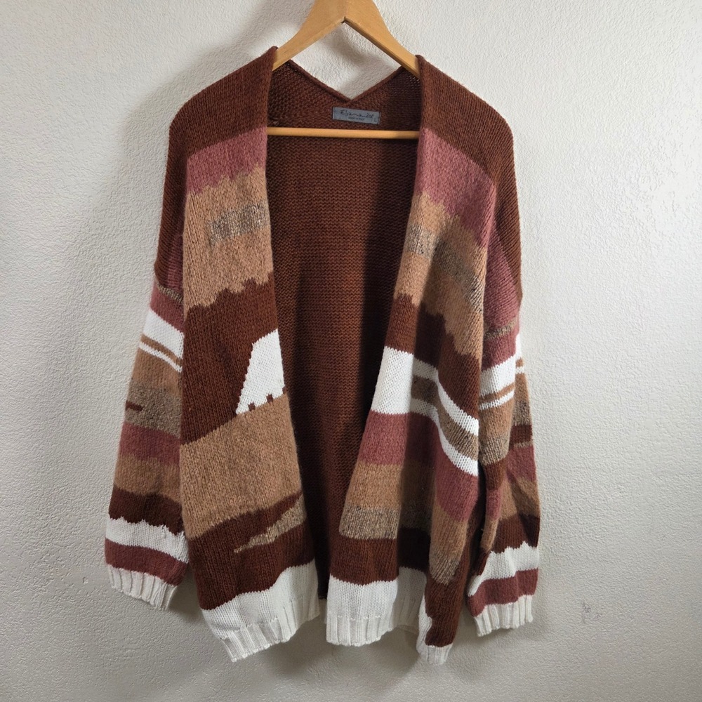 Elsamanda Italy Brown Striped Alpaca Wool Blend Open Front Cardigan Sweater L